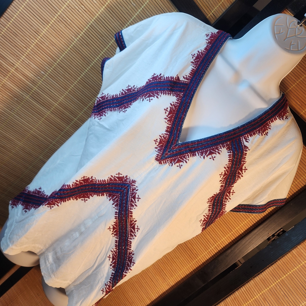 J. Crew White Top with Red Embroidered Trim and Blue Accent